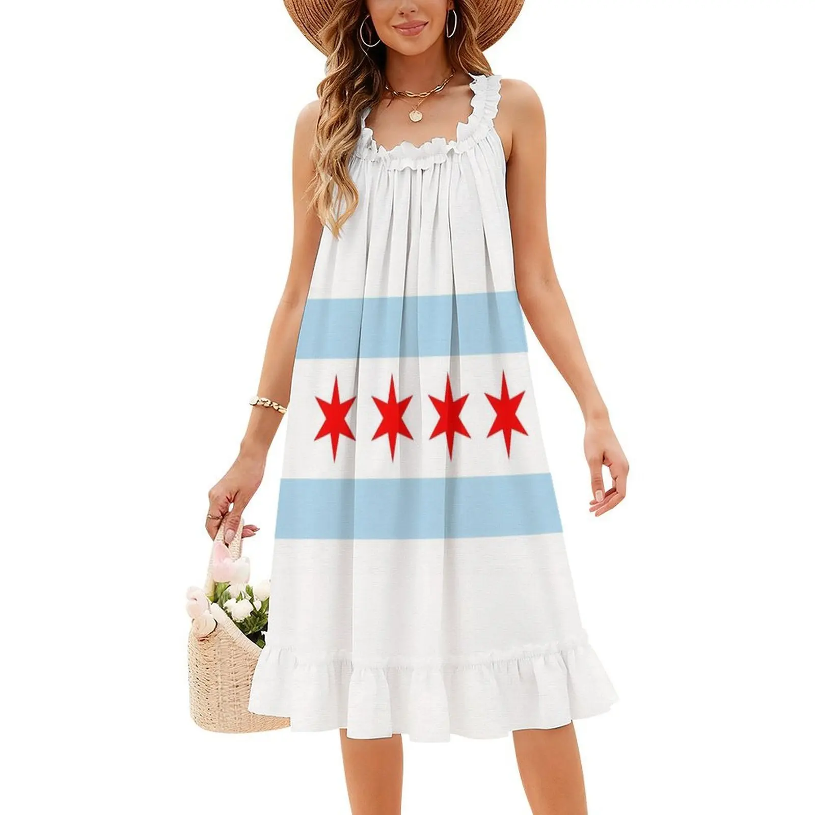 علم شيكاغو فستان بوهيمي عتيق بأكمام منتفخة أو خيارات بلا أكمام للنساء فستان شيكاغو علم شيكاغو إلينوي شيكاغو