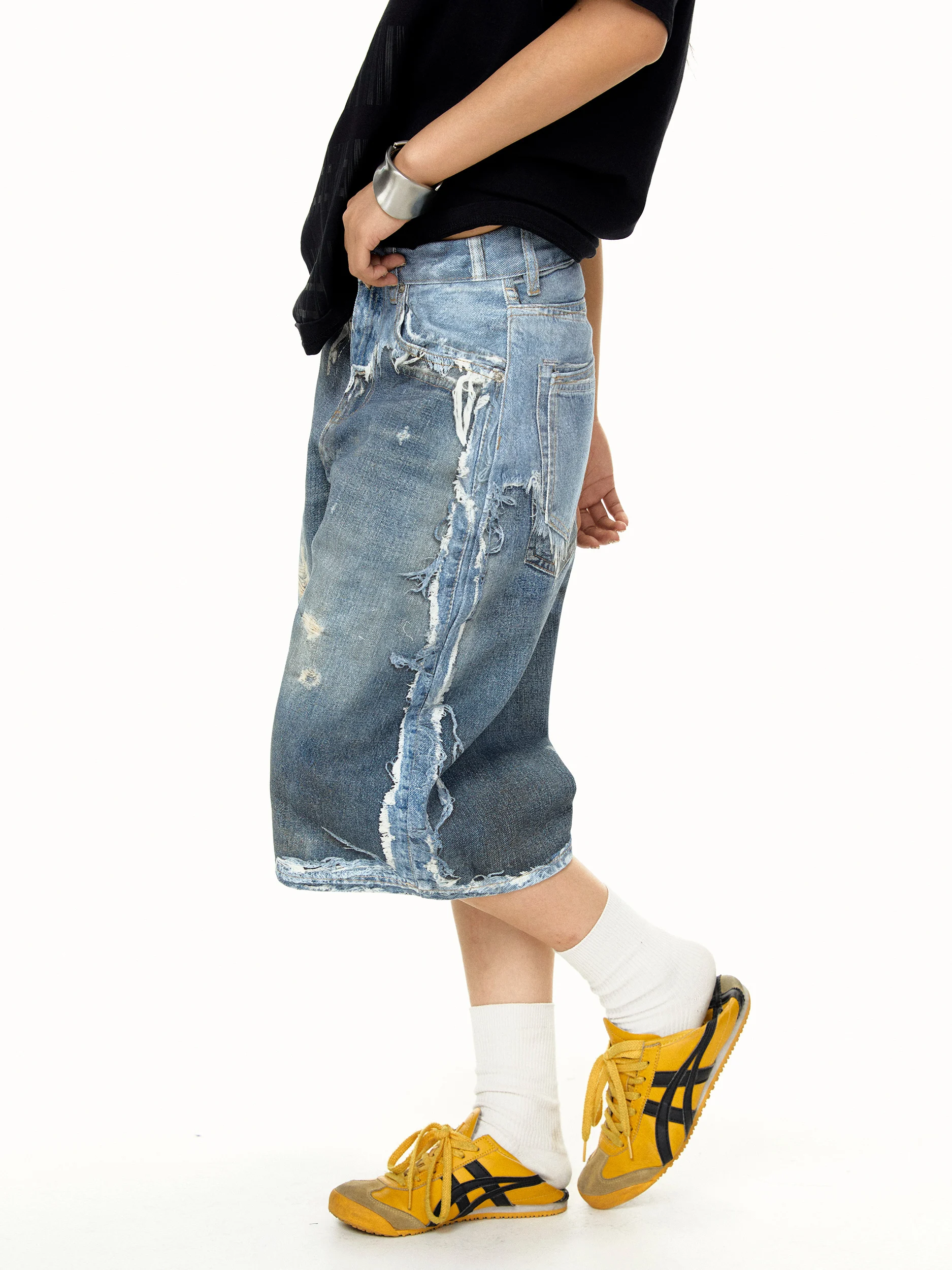 Retro American Destroyed Ripped Jeans Loose Fit Men's Washed Print Cotton Summer Jeans Youth Casual Straight Leg Trousers