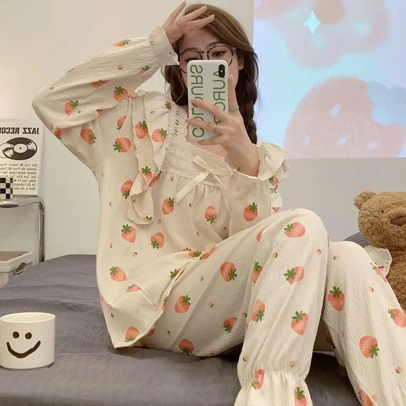 

Милый и милый женский пижамный комплект с галстуком-бабочкой, студенческий пижамный комплект с длинными рукавами, пижамный комплект для дома, пижамный комплект, мягкий пижамный комплект