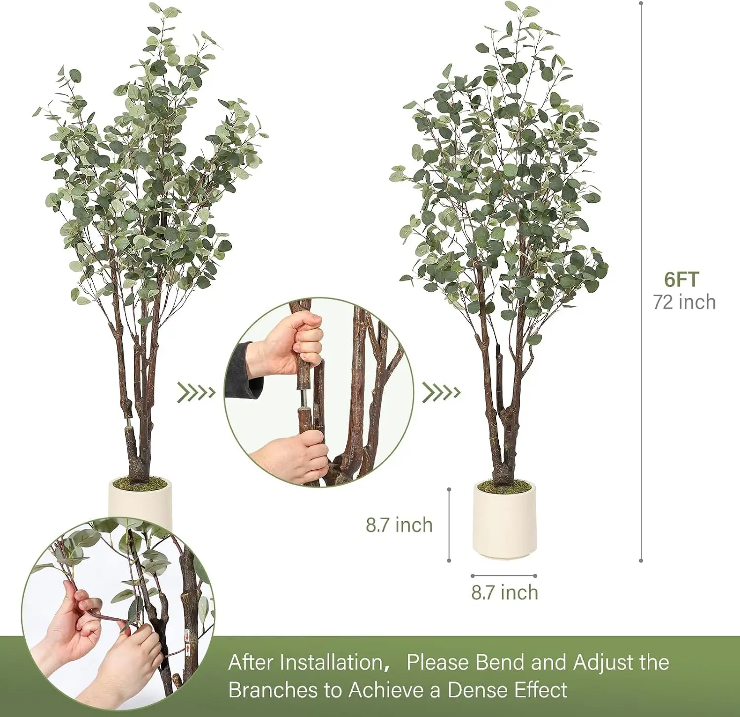 Artificial Eucalyptus Tree w/ 50 LED Lights, Pre-Potted Faux Floor Plant, Realistic Silk Multi-Stem Greenery in White Planter for Home & Office Decor Christmas Party Supplies 8