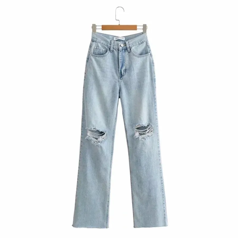 

High Waist Slimming Denim Long Pants with Knee Holes Ripped Women's Faion Jeans High Elastici Silk Cotton Mid-aged Suitable