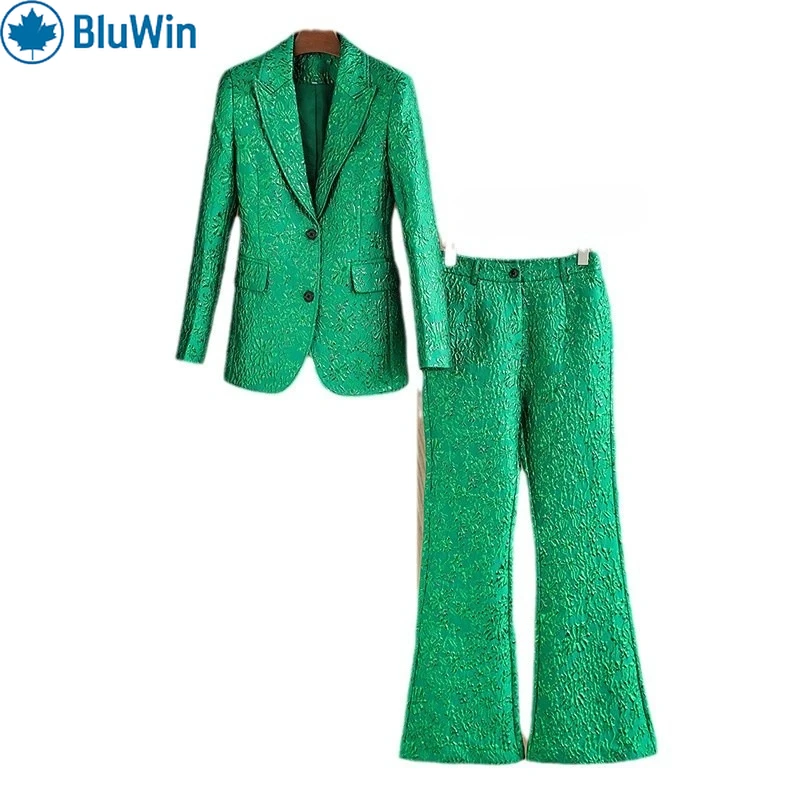 

BluWin Green Jacquard Suit Women Two Piece Set Single Button Blazer and Wide Leg Trousers Elegant