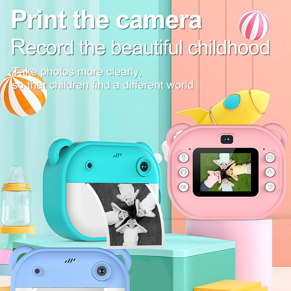 【New】Kid Camera Children 1080P Digital Camera Thermal Print with 2Inch IPS Screen Photo Selfie Video with 2 Rolls Print Paper