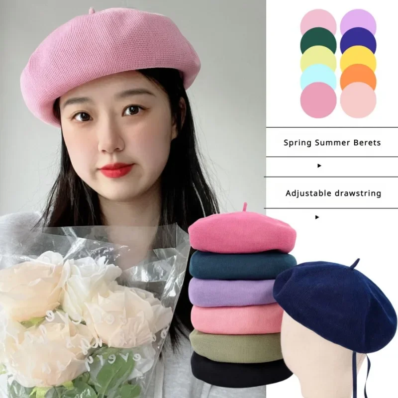 Summer Beret for Women Green Round Top Thin Ice Silk Drawstring Hat with No Brim Summer Retro Hat