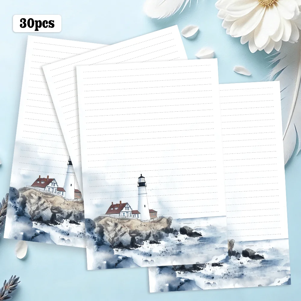 30 Sheets,B5 Watercolor Seaside Lighthouse-themed Writing Paper, Lined, No Glue, Very Suitable For Notebooks,memos, And Stickers