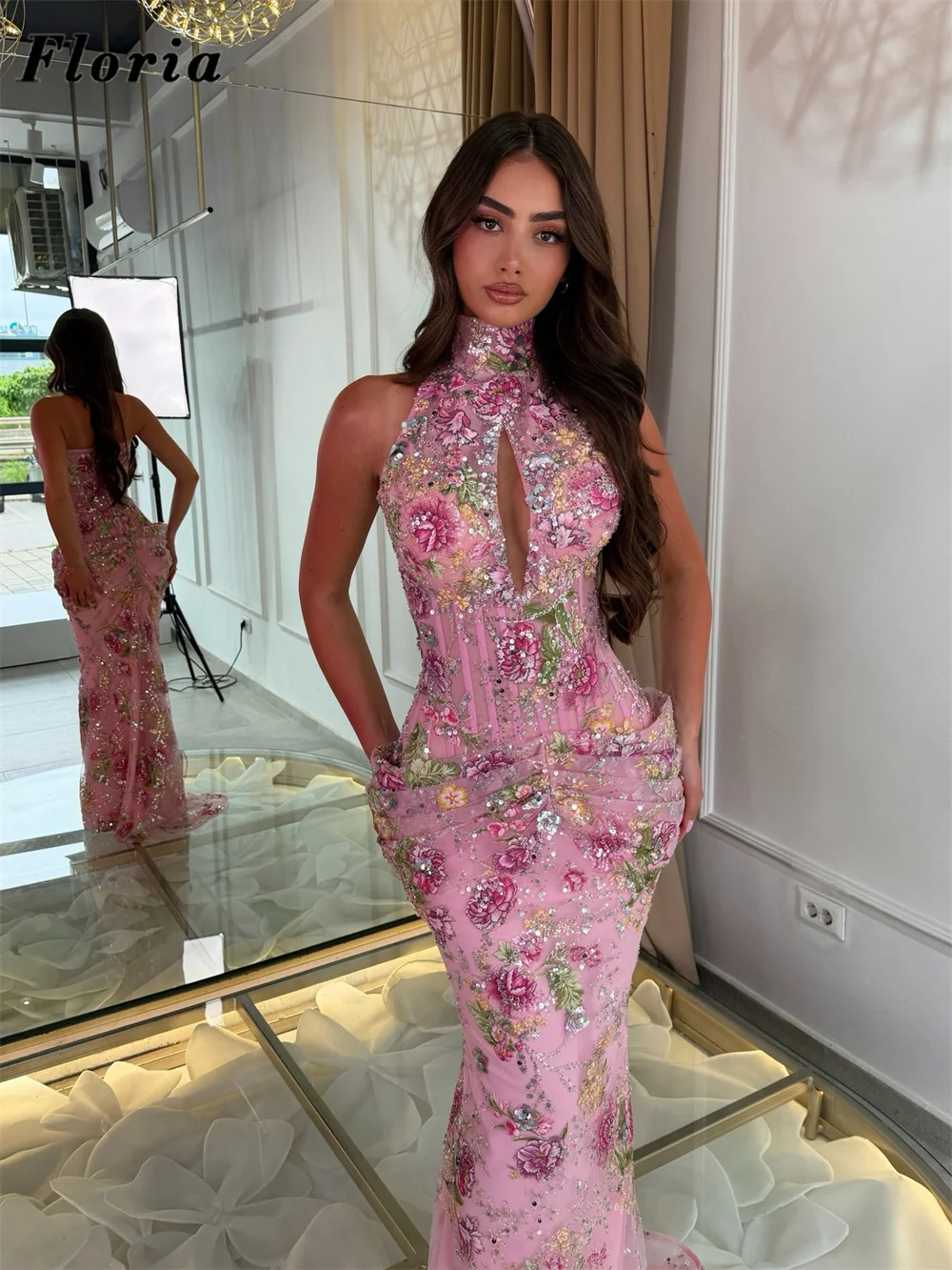 

2026 Pink Embroidery Flowers Party Dresses Halter Beaded Women's Prom Dress Customized Mermaid Lace Up Evening Dress For Wedding