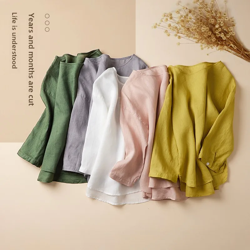 

Летняя хлопково-льняная футболка с круглым асимметричным разрезом, однотонный женский топ свободного покроя, удобная дышащая повседневная одежда