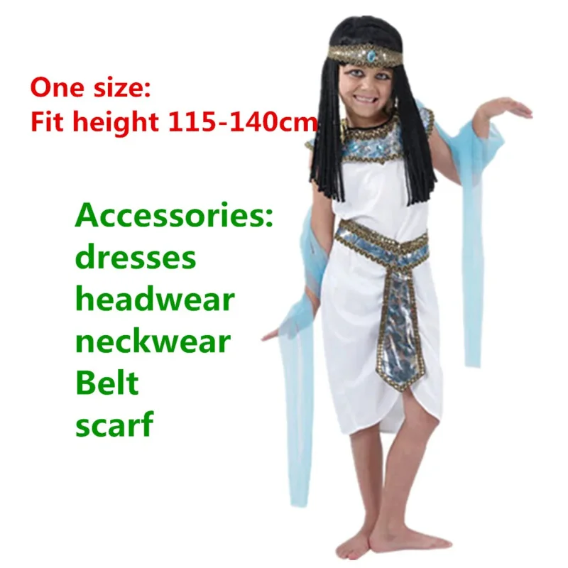 زي تنكري كليوباترا للفرعون المصري للفتيات ، زي أميرة أبيض للأطفال ، فستان حفلات عائلية للكبار