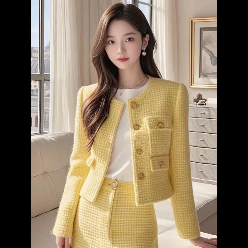 

Осенний новый высококачественный элегантный твидовый жакет с длинными рукавами + облегающая короткая юбка, небольшой ароматный стиль, желтый комплект из двух предметов