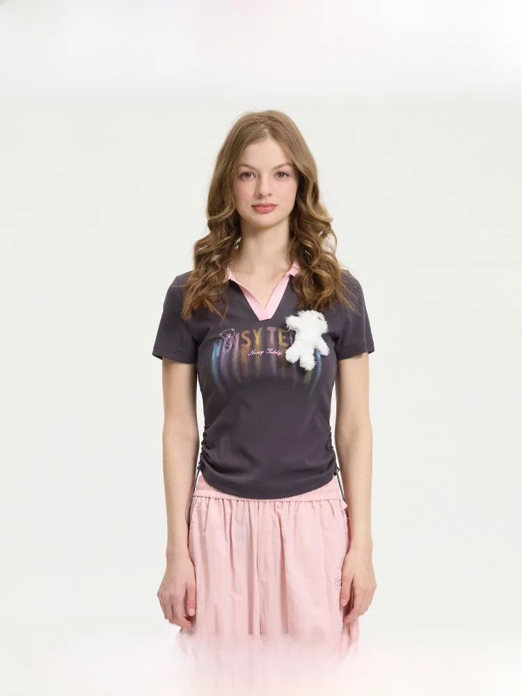 

Noisy Teddy Ladies Comfortable ort Sve irt Faionable Printed Letter Design Summer 2025 Cotton Blend Casual Wear