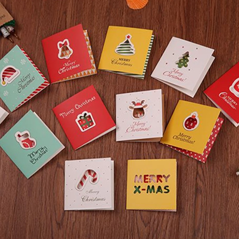 12pcs/Set Merry Christmas Greeting Cards with Envelope Xmas Sock Tree Deer Tags Paper Card New Year Gift 2022 to 2023 Decoration