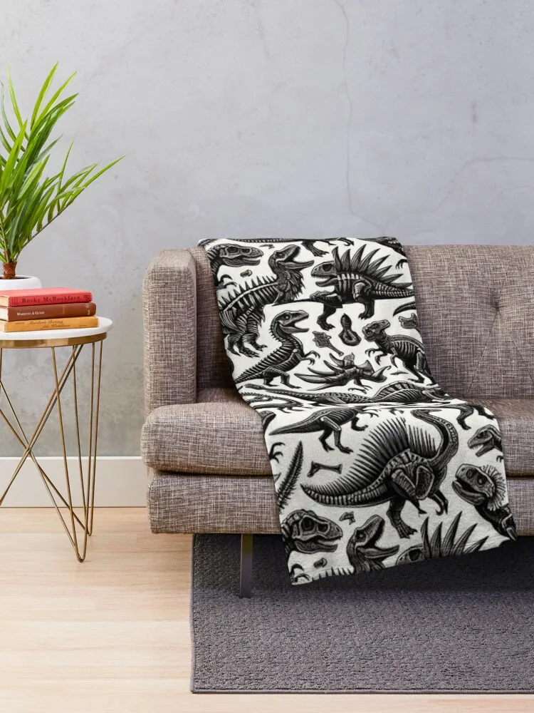 Dinosaur Fossils in Black, T-Rex, Stegosaurus, Triceratops, Velociraptor, Fossil Art, Gifts, Black and White, Pale Throw Blanket