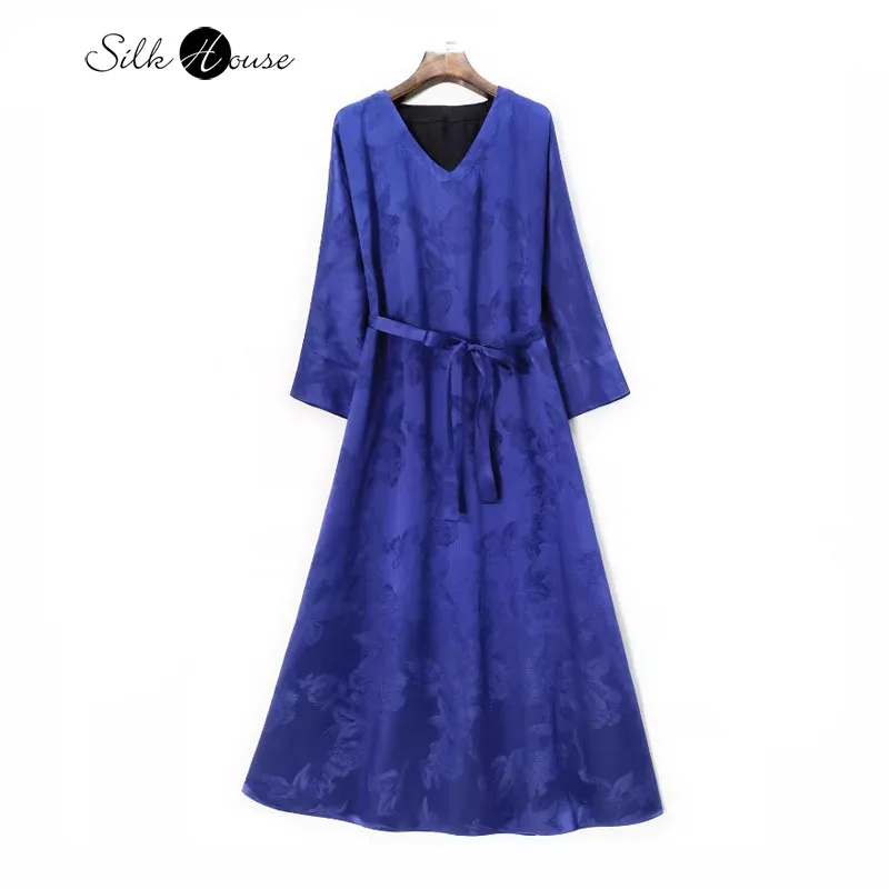 

50NN 100% Natural Mulberry Silk Gambiered Guangdong Gauze Blue Jacquard Women's Fashionable V-neck Commuting Dress