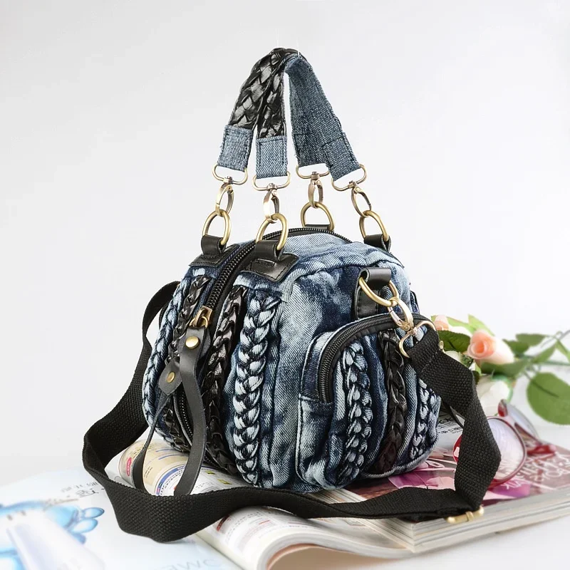 New in Small Washed Denim Weave Bag Mini Women Jeans Tote Shoulder Bag Purses and Handbags