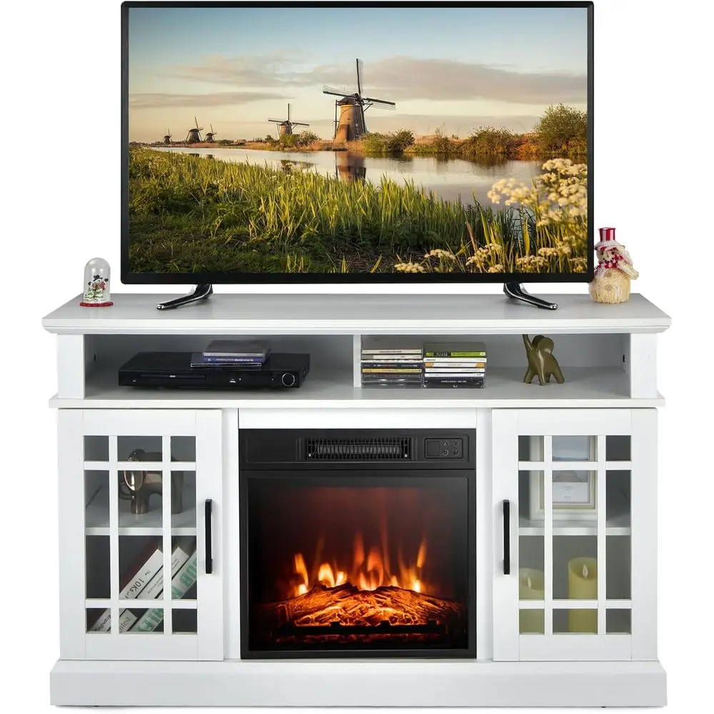 Electric TV Stand for TVs up to 55 Inches, 18-Inch Fireplace Insert with Remote, Overheat Protection, 48-Inch Wooden Media Enter