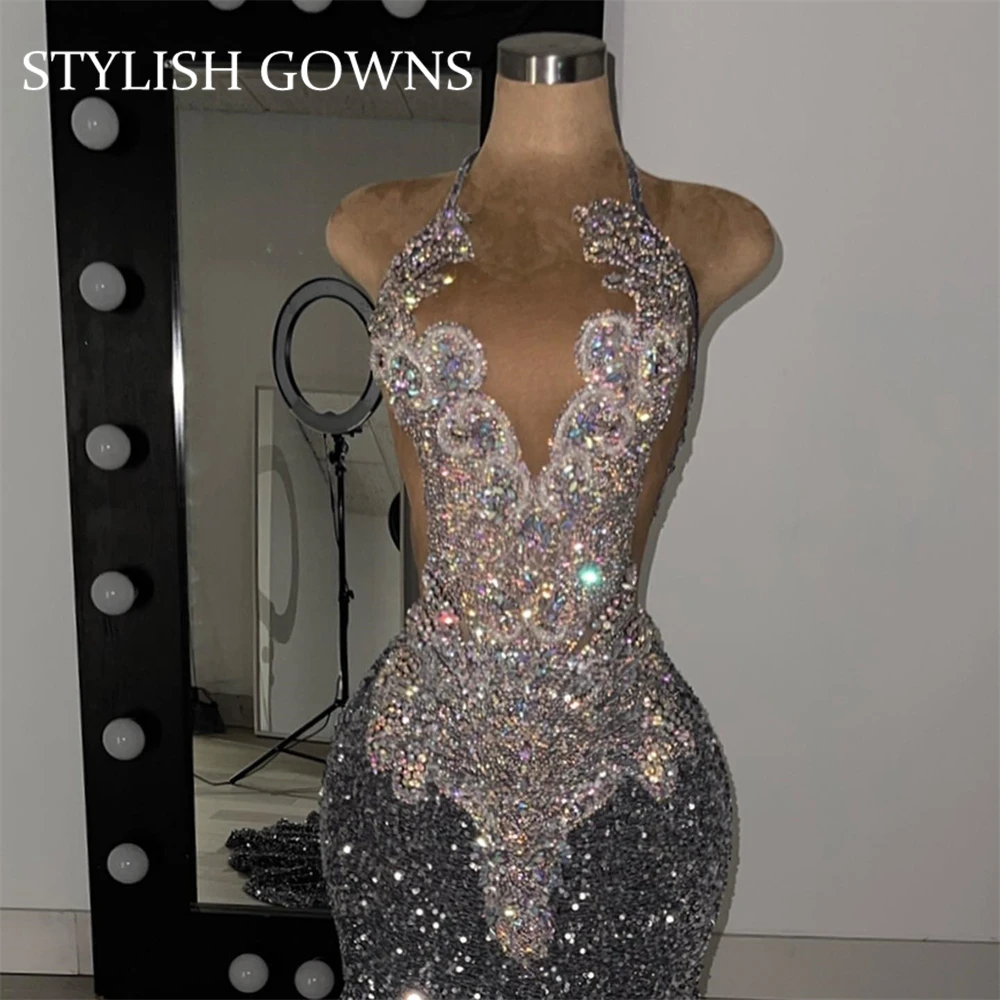 Silver Halter Long Prom Dress For Black Girls 2024 Beaded Crystal Birthday Party Dresses Sparkly Sequined Evening Gowns