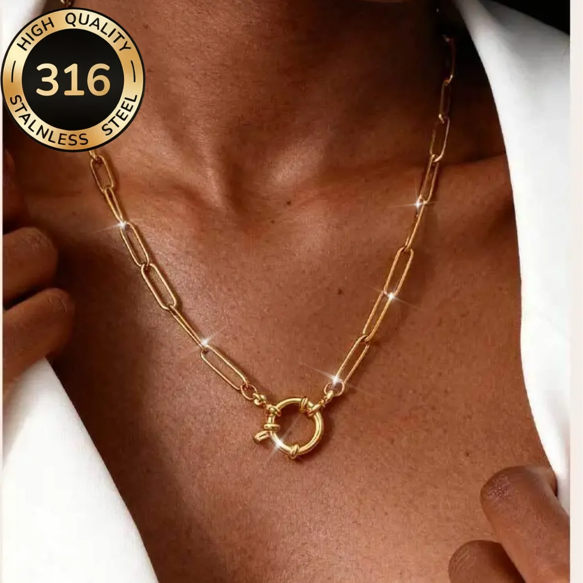 Frühlings-Seemannsknoten-Halskette für Damen, geometrische Paperclip-Gliederkette aus Edelstahl, PVD-Goldfarben-Schmuck
