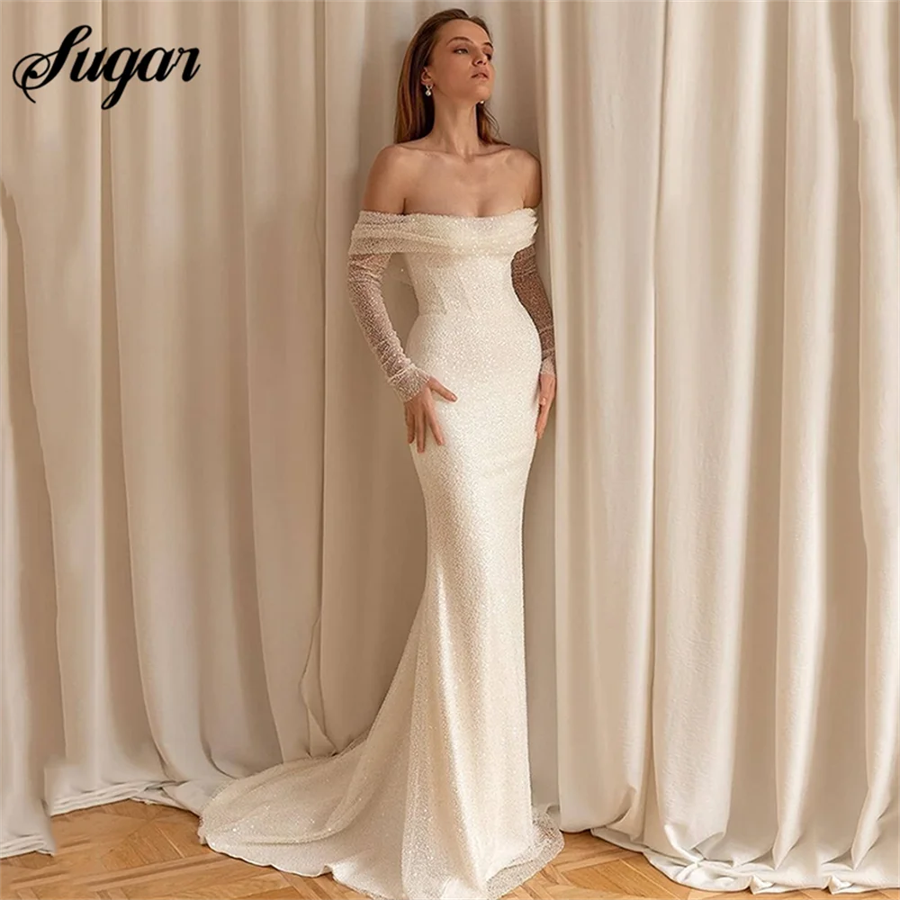 

Off Shoulder Glitter Elegant Mermaid Wedding Dresses Strapless Long Shiny Sleeves Bodycon Bohemia Bridal Gowns Plus Size