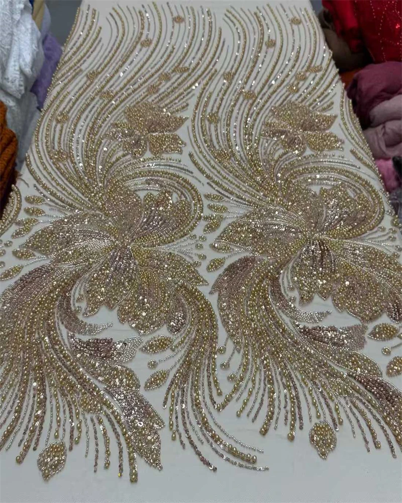 

Luxury African Beaded Lace Fabric French Sequins Embroidery Mesh for Ladies Wedding Party Dresses