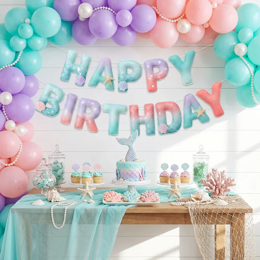 2D Filz-Banner Meerjungfrauen-Thema Ozean Geburtstagsparty Flaggen-Dekorationen für Kinder Sommer Unterwasser Babyparty Mädchen Prinzessin – Detail 5