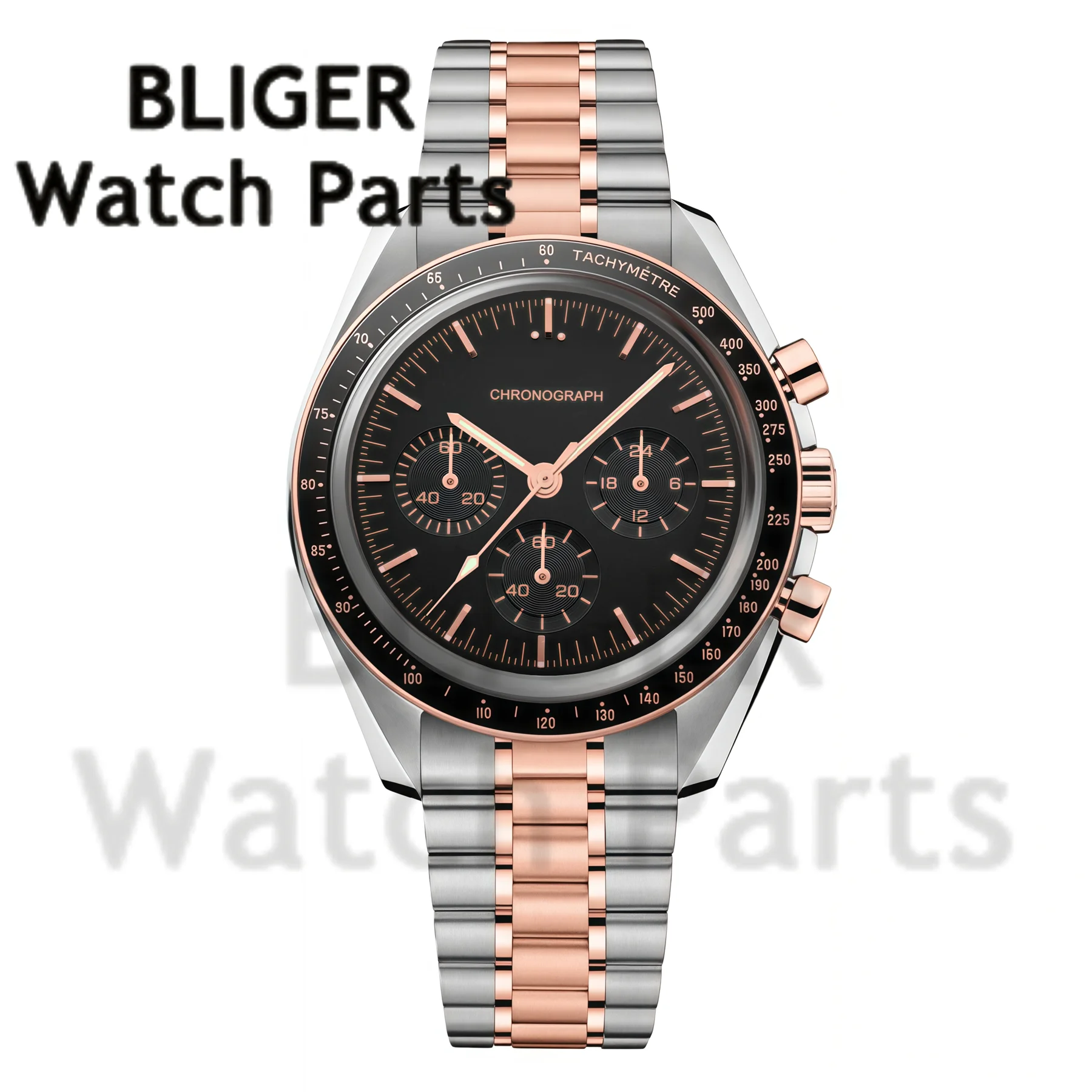 BLIGER Luxury Two Tone Rose Gold VK63 Speed Chronograph Watch For Men Quartz Moon Watch Sport Domed Mineral Glass 50M Waterproof