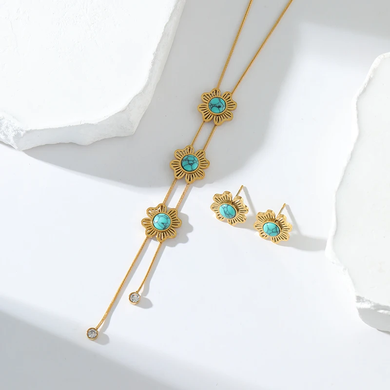 GANEMLY 316L Stainless Steel Creative Flower Necklace Earrings Set For Women Girl Fashion Long Pendant Jewelry Set Lady Gift