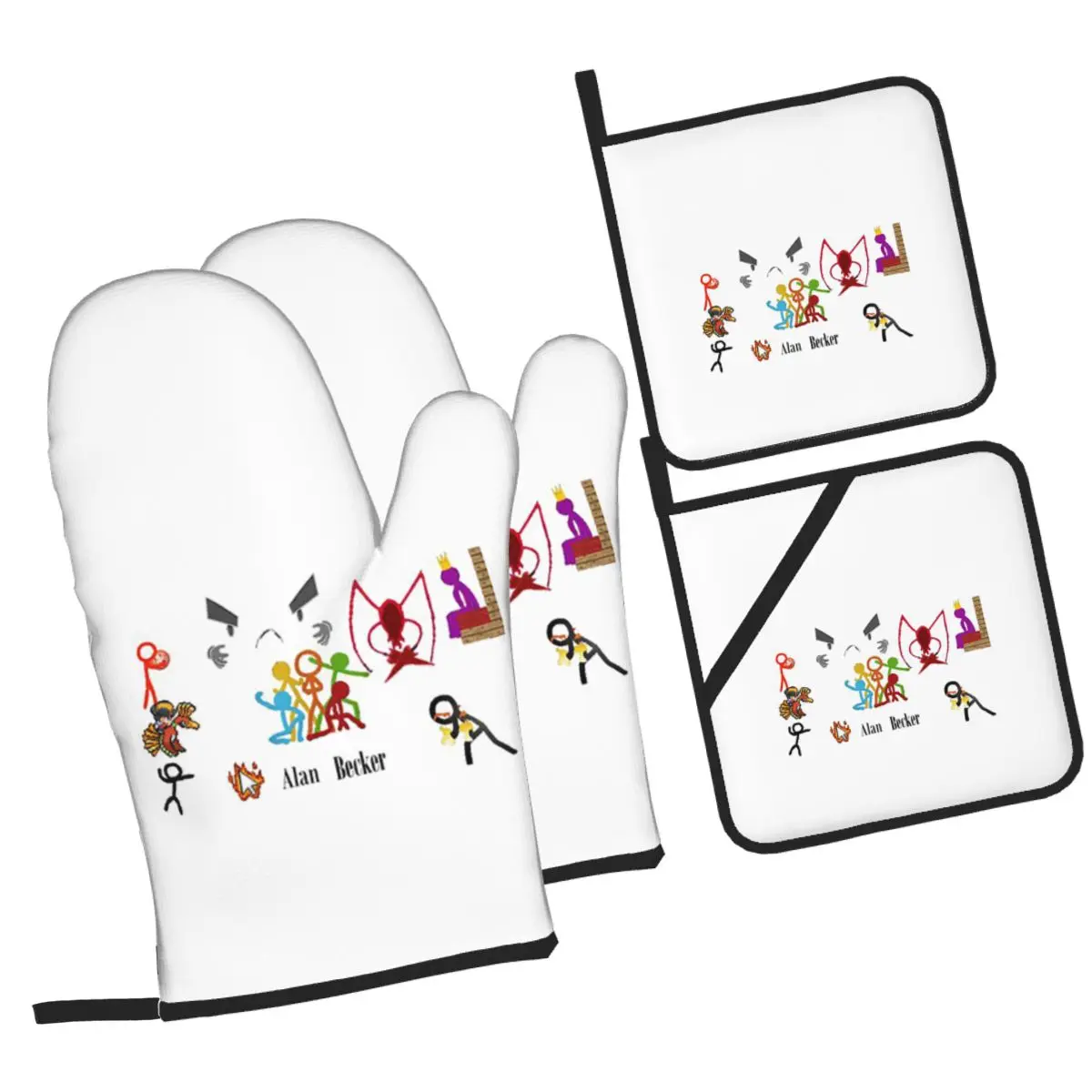 Alan Becker Five Stick Figures With Fire Mouse Pickaxe Oven Mitts and Pot Holder Sets of 4 for Baking Kitchen Cooking BBQ Gloves