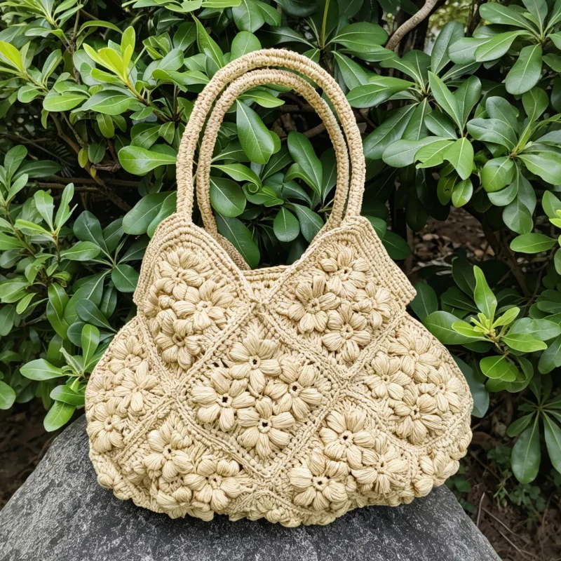 

Handmade Crochet Straw Tote Bag Bohemian 3d Floral Grass Handbag Summer Beach Large Capacity Casual Shoulder Bag