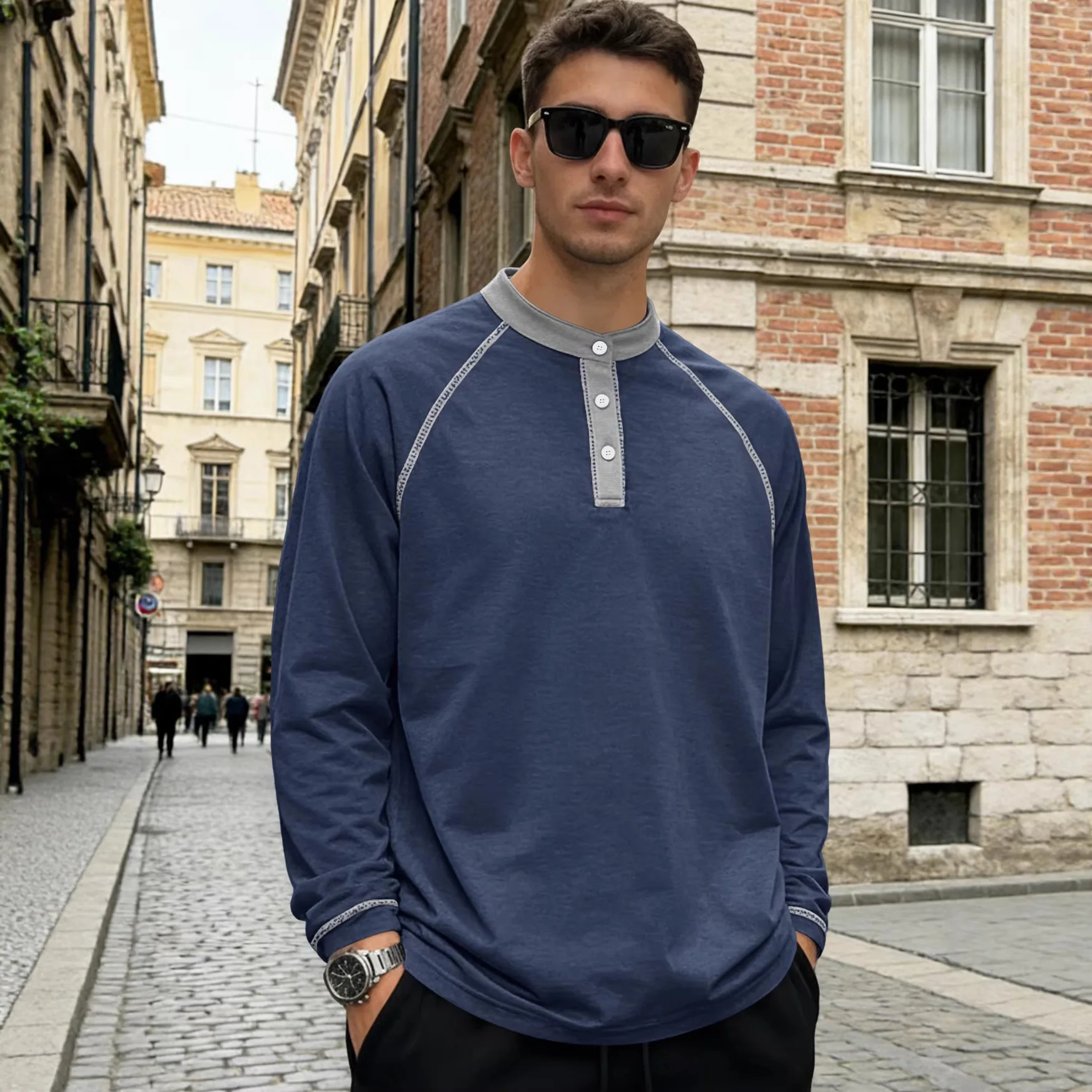 Men's Contrast Raglan Sleeve Henley T‑Shirt Long Sleeve Button Placket Stand Neck Casual Daily Tops