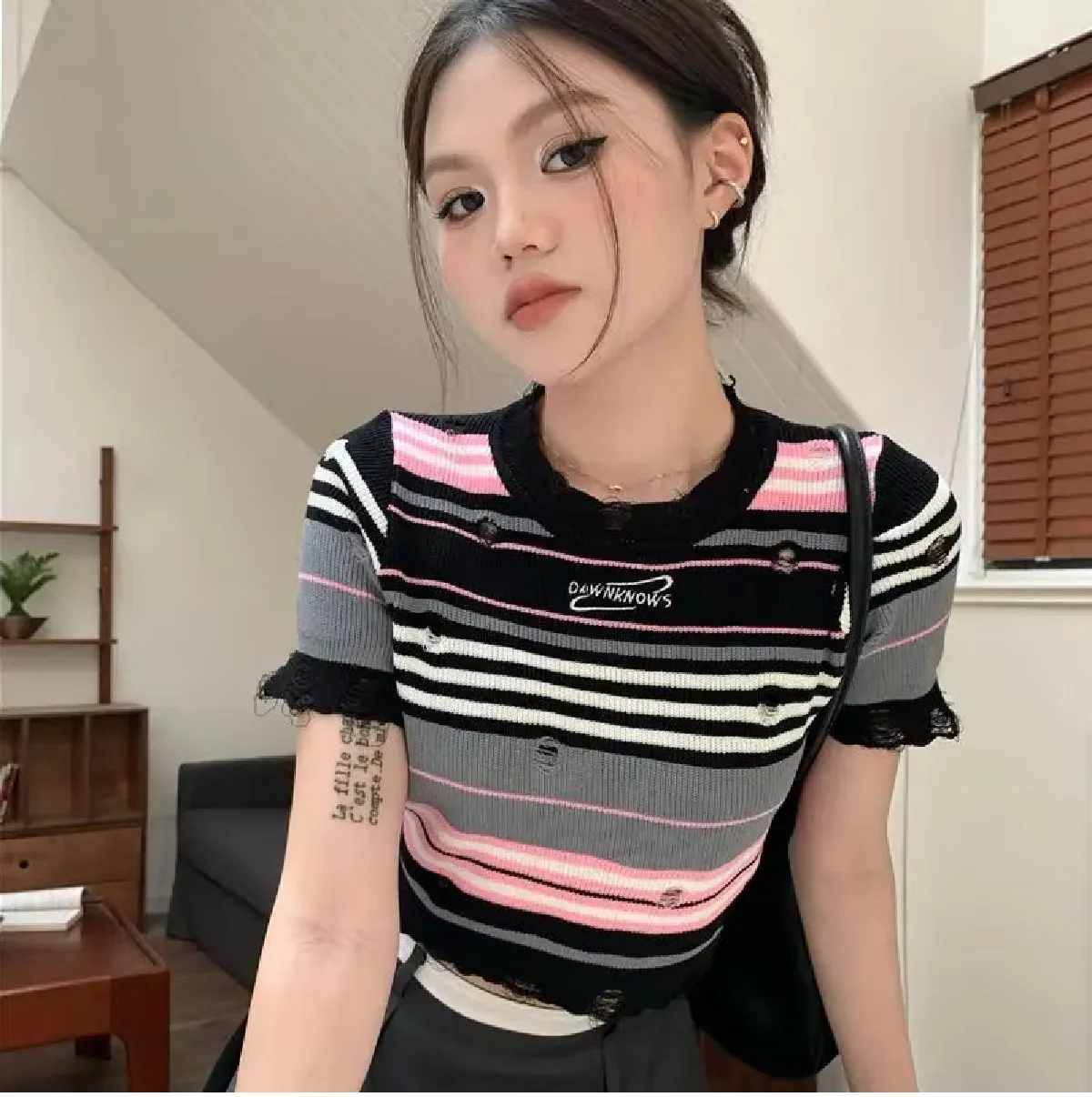 Embroidered Striped Openwork Sweater O Neck Striped Crop Top Women Summer Casual T Shirt Basic Sexy Ribber Short Sleeve Tops