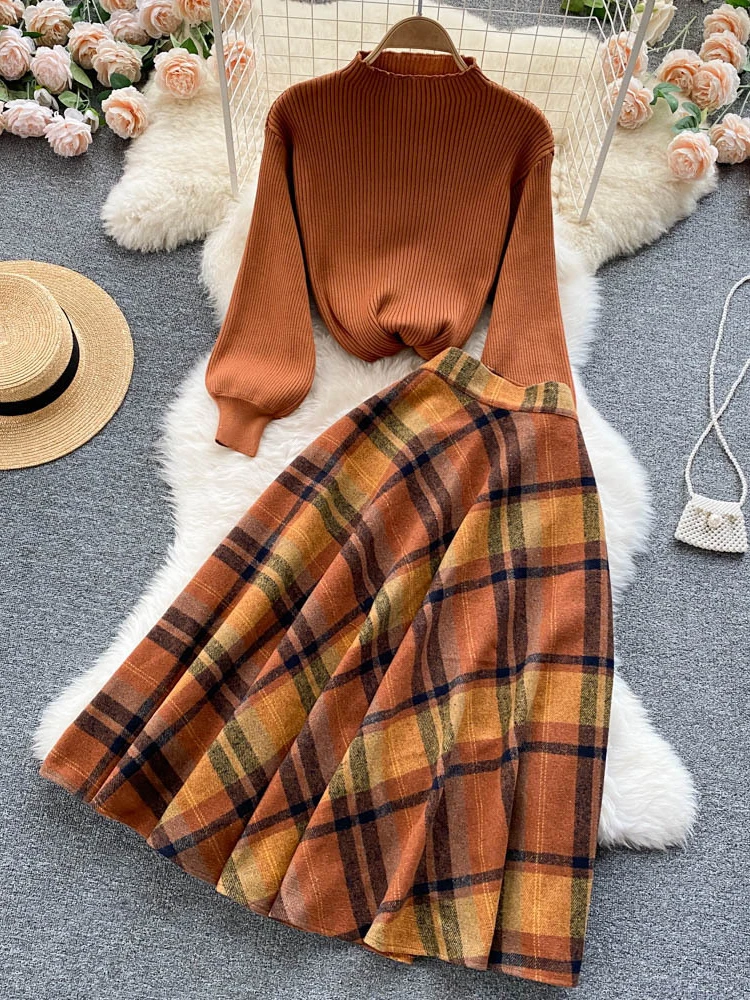 Women Vintage Two Piece Sets Autumn Winter Long Sleeve Pullover Knit Top + High Waist Plaid Long Skirt Orange Elegant Suits