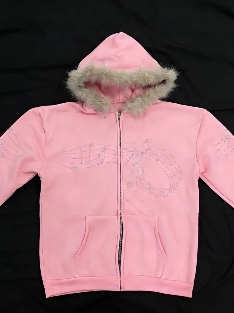

Y2K Treble Clef Graphic Fur Hooded Zip Up Hoodie Women Sweet Casual Streetwear 2026