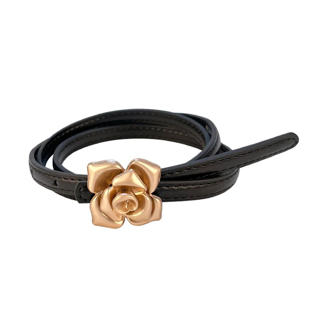 

DIY All Match Two-Layer Cowhide Narrow Waist Belt Flower-shaped Alloy Buckle Jeans Dress Waistband Genuine Leather Thin Belt