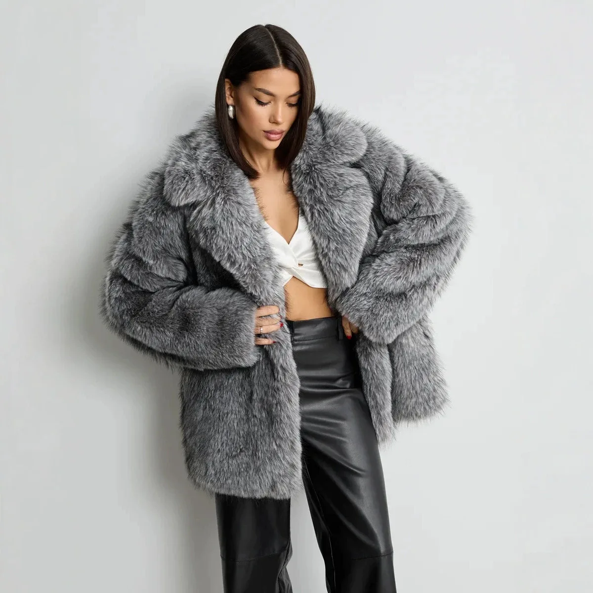 Women Faux Fox Fur Coats Solid Fur Jackets Mid Length Cotton Linen Lapel Collar Long Sleeves Open Stitch Loose Fit 2026 Winter