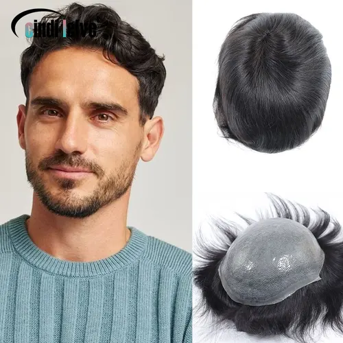 Peluquín completo de PU de un solo nudo de 0,08-0,10 MM para hombres, cabello humano, peluca negra Natural para hombres, prótesis capilar, reemplazo de unidad de cabello