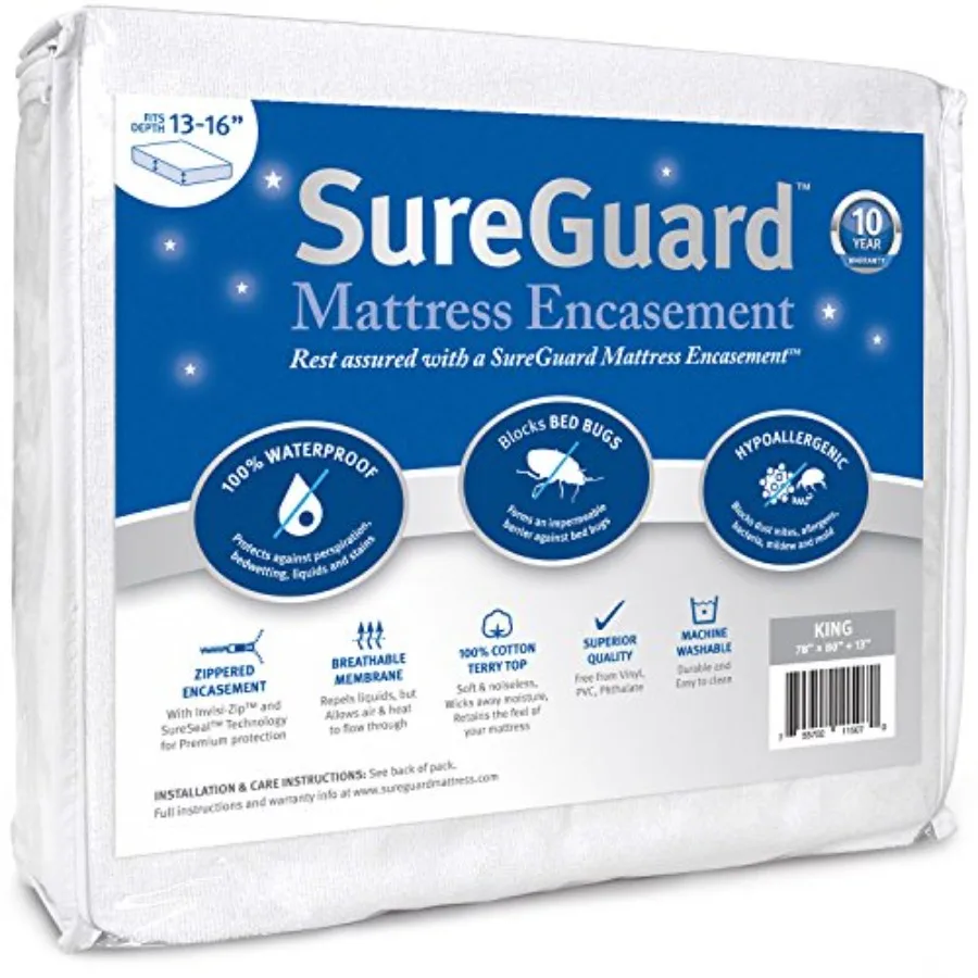 

Кинг 13-16 дюймов. Водонепроницаемый наматрасник Deep Mattress Encasement - 100% защита от клопов, гипоаллергенный - Премиальный чехол на молнии с шестью сторонами защиты