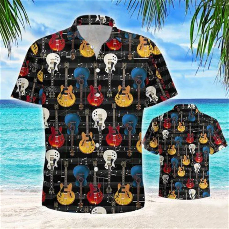 3D Men Neon Shirt Guitar Bass Printed Hawaiian Shirt Vintage Tops Male Casual Stylish Short Sleeve Clothing Trend Streetwear