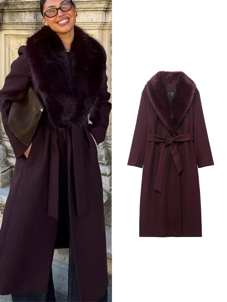 

TFMLN женское теплое длинное пальто с меховым воротником, украшение на пояс с откидным воротником, осень/зима, новая элегантная однотонная уличная женская одежда