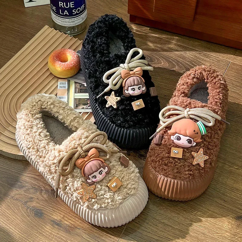 2024 Winter Warm Shoes Woman Indoor Home Slippers Cute DIY Cartoon Soft Plush Toe Protection Girls House Garden Cotton Footwear