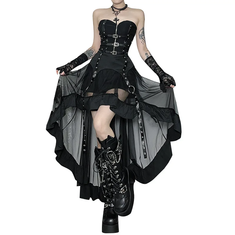 

2025 New Vintage Women Dark Gothic Skirt Off Shoulder Irregular Mesh Skirt Elegant Grunge Punk Steampunk Streatwear Black Skirts
