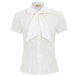 BP Summer Short Sleeve Office Button Down Blouse Stripe Shirt With Bow Tie  Solid Color Short Sleeve Bow-Knot Decorated Tops A30