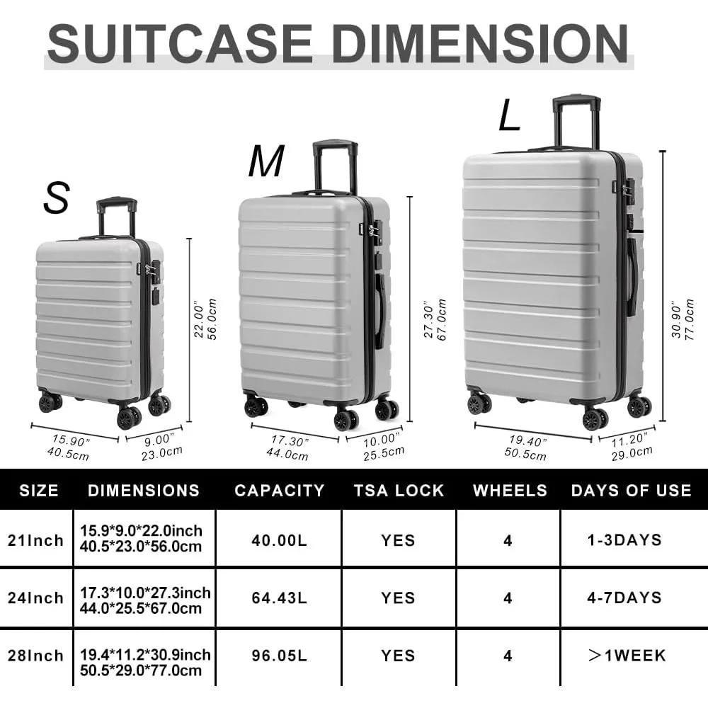 Lightweight ABS Hardside Luggage with USB, Wheels, TSA Lock - Large 28 Inch Silver Travel Suitcase