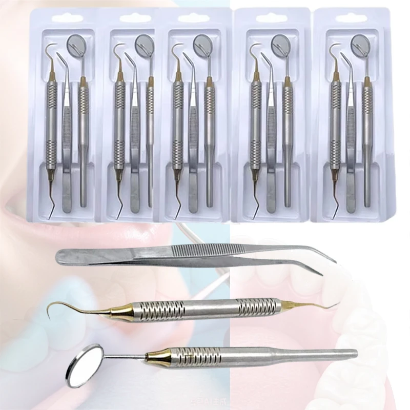 1/5Set Dental Instrument Set Mouth Mirror Tweezers Curve Probe Stainless Steel Teeth Cleaning Kit