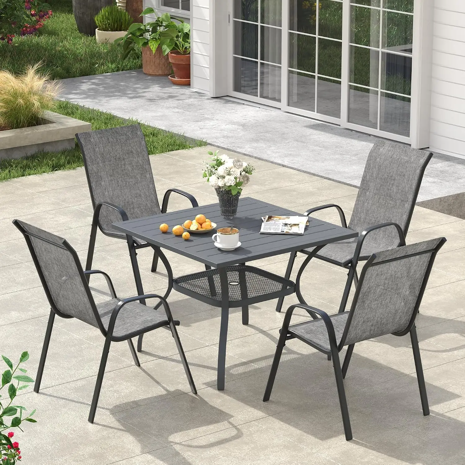Square Patio Dining Set 4, Metal Slat Table Umbrella Hole & Stackable Chairs Deck Lawn Garden Grey Fabric, Customized