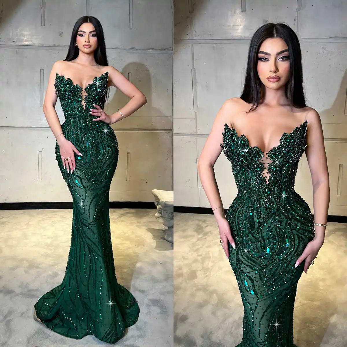 Mermaid Evening Dresses Sequin Beads Crystal Designer Collar Backless Train Shining Prom Dress Vestido De Noite Customized