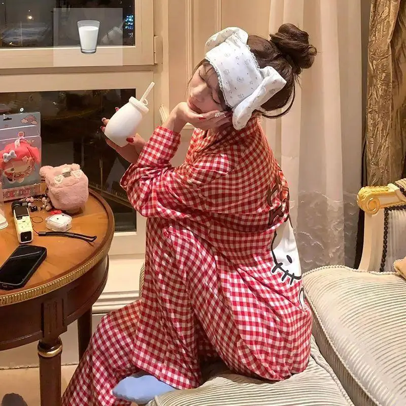 

Пижамы Sanrio Hello Kitty Kawaii, пижамный комплект, брюки с длинными рукавами, хлопковые пижамы для девочек, летний милый удобный пижамный комплект