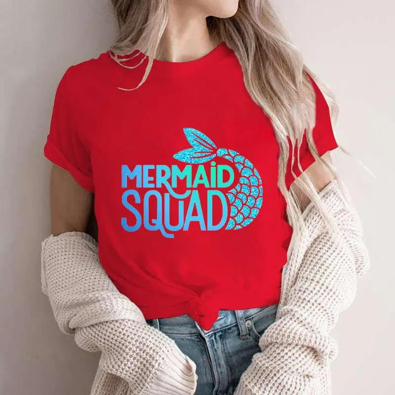 Mulheres manga curta Mermaid Squad Print Camisetas, Harajuku Tees, gráfico, Birthday Party Tops, roupas para meninas, roupas femininas, Y2K