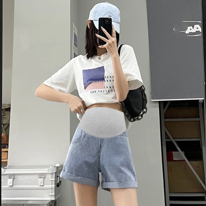 

Korean Style Pregnant Woman Denim Shorts High Waist Side Stripe Patchwork Maternity Cotton Trousers Adjustable Waist Short Jeans