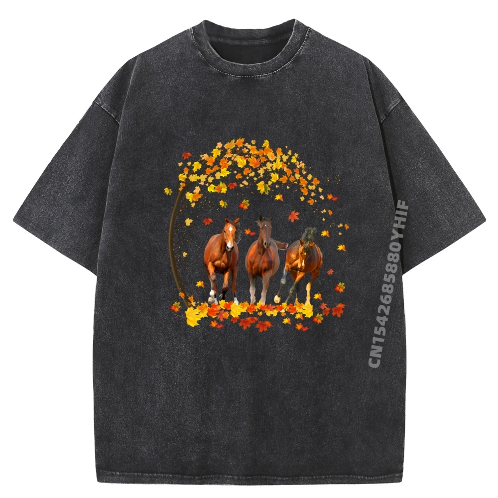 

Horses Autumn Field Equestrian Horse Lovers Fallen Leaves Plain Shirt Vintage Washed Shirts Mens T-shirt Printing