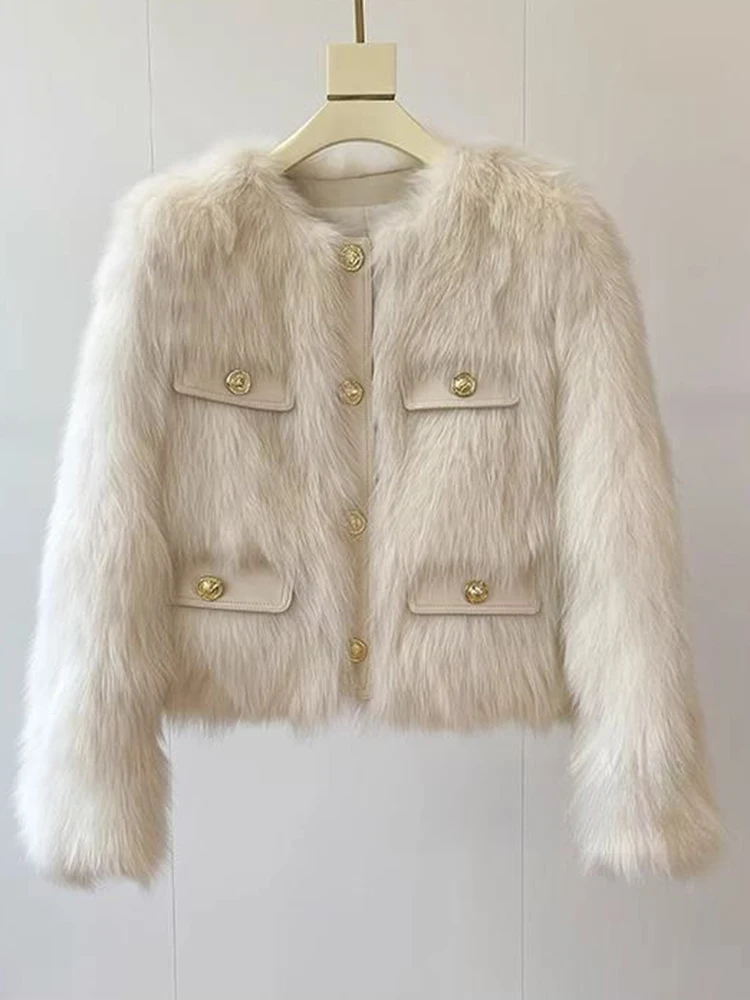 Abrigo de piel sintética suave y cálido para mujer, chaqueta coreana de manga larga con cuello redondo a la moda, prendas de vestir informales elegantes para mujer que combinan con todo, Tops